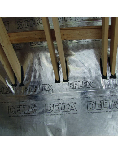 Garo izoliacija DELTA-REFLEX (1.5x50m). Svoris 180g, Sd 150m. Su aliuminio sluoksniu, atspindinčiu šilumą. Itin stipri, armuota