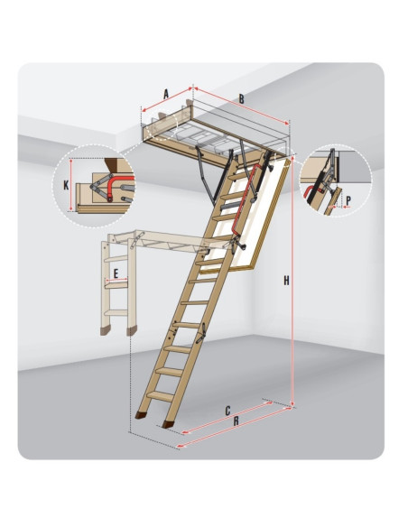 Segmentiniai sulankstomi laiptai su medinėmis kopėčiomis LWK Komfort 55x111cm, h 280cm FAKRO