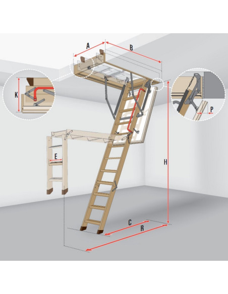 Segmentiniai sulankstomi laiptai su medinėmis kopėčiomis LTK Energy 55x100cm, h 280cm FAKRO
