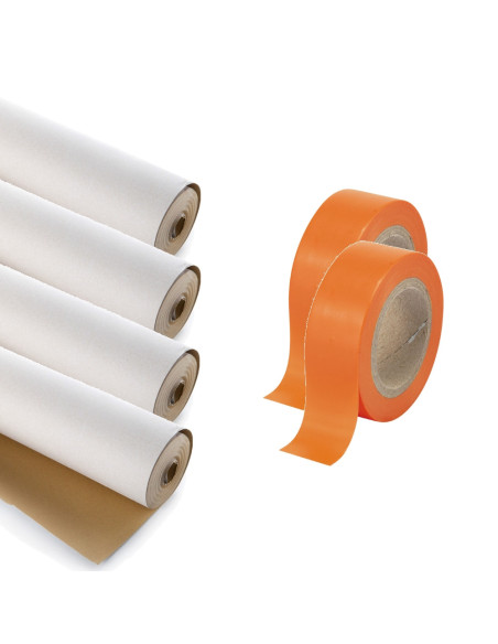 Rinkinys - Grindų uždengimo apsauginis kartonas 280g (pastorintas) 4 rulonai po 30m2 ir klijavimo PVC juosta 50mm 50m 2 ritiniai