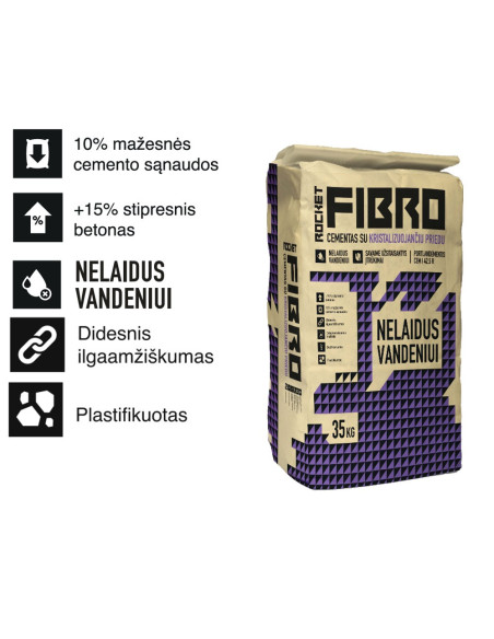 Cementas ROCKET FIBRO su kristalizuojančiu priedu 35kg Nelaidus vandeniui