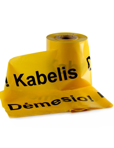 Signalinė įspėjamoji juosta su užrašu DĖMESIO! KABELIS, storis 0.5mm (500mikronų) [100m]