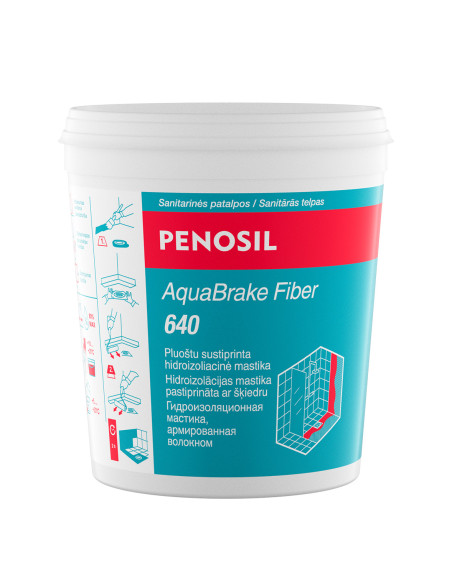 Hidroizoliacinė mastika su fibra Penosil AquaBrake Fiber 640. Elastinga, sustiprinta mikropluoštu, skirta drėgnoms patalpoms. Ga