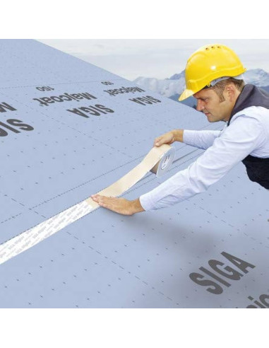 Difuzinė plėvelė SIGA Majcoat 150 SOB (75m²) su lipnia juosta. Aukščiausia W1 klasė, Sd 0,1m. Tvirta, UV atspari ir ilgaamžė mem