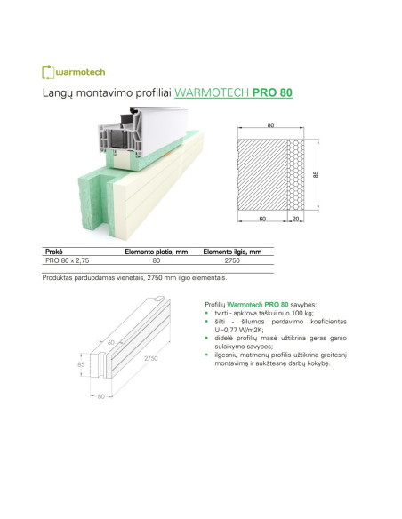 Langų montavimo (išnešimo) termoprofilis Warmotech  PRO 80, ilgis 2750mm. Statybinės medžiagos