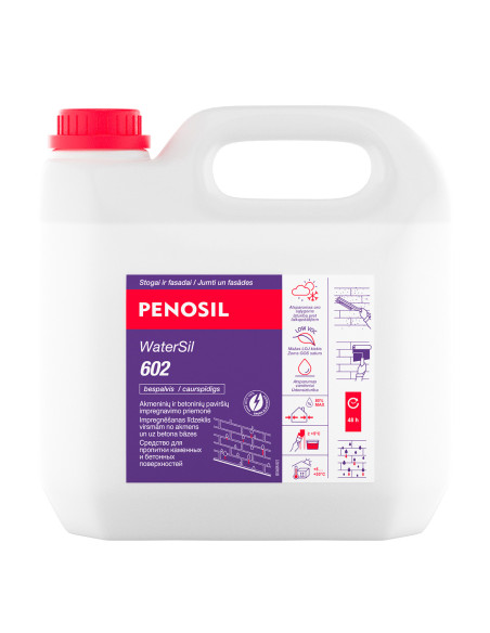 Hidrofobinis impregnantas PENOSIL WaterSil 602 (3L). Apsaugo betoną, plytas ir akmenį nuo drėgmės bei purvo. Bespalvis, išlaiko