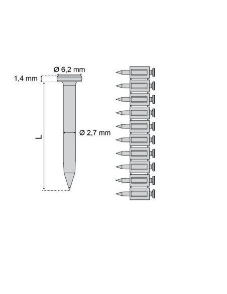 Vinys plastikinėje juostoje, prišaudymui į betoną, CPX 2.7x20mm (500vnt.). Statybinės medžiagos