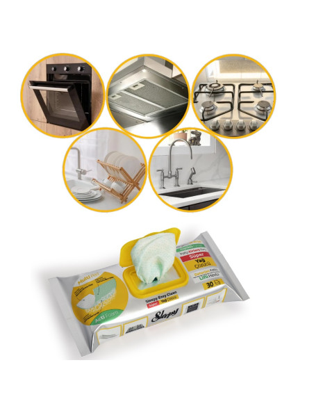 Riebalams šalinti drėgnos servetėlės Sleepy Easy Clean Acti-Foam, geltonas dangtelis (pakuotėje 30vnt).