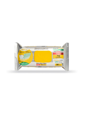 Riebalams šalinti drėgnos servetėlės Sleepy Easy Clean Acti-Foam, geltonas dangtelis (pakuotėje 30vnt).
