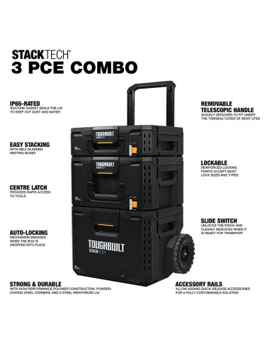Įrankių dėžių rinkinys su ratukais (3 dalys), TOUGHBUILT STACKTECH. Statybinės medžiagos