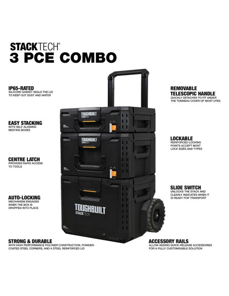 Įrankių dėžių rinkinys su ratukais (3 dalys), TOUGHBUILT STACKTECH. Statybinės medžiagos