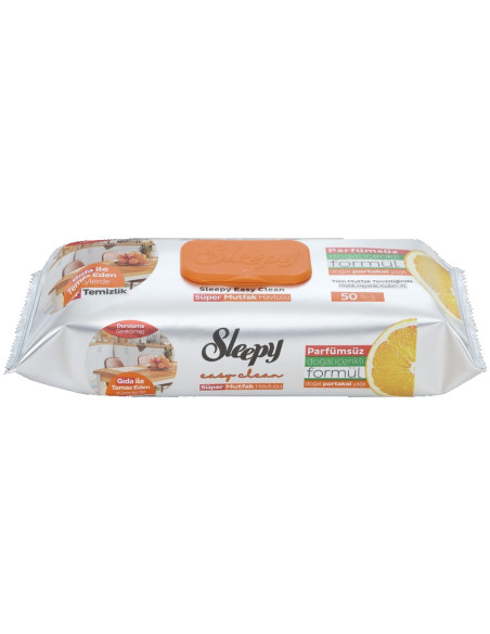 Drėgnos servetėlės maistiniams paviršiams Sleepy Easy Clean, oranžinis dangtelis (pakuotėje 50vnt).