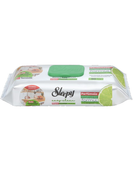 Drėgnos servetėlės maistiniams paviršiams Sleepy Easy Clean, žalias dangtelis (pakuotėje 50vnt).