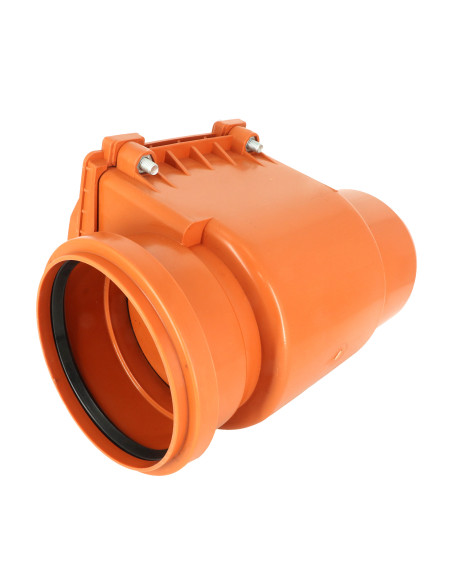 Atbulinis vožtuvas lauko kanalizacijai (200mm). Automatinė apsauga nuo atgalinio srauto ir žiurkių. Pagamintas iš oranžinio PVC.