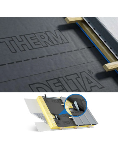 Difuzinė plėvelė su dviem lipniomis juostomis DELTA THERM PLUS 220g/m2 +150°C  (plotis 1.5m)