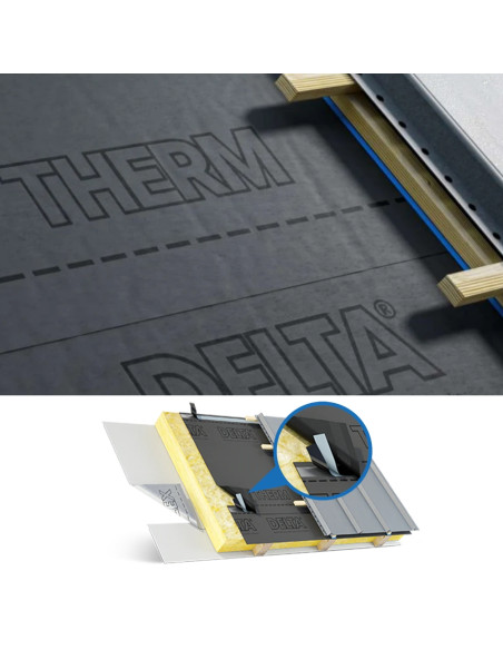 Difuzinė plėvelė su dviem lipniomis juostomis DELTA THERM PLUS 220g/m2 +150°C  (plotis 1.5m)