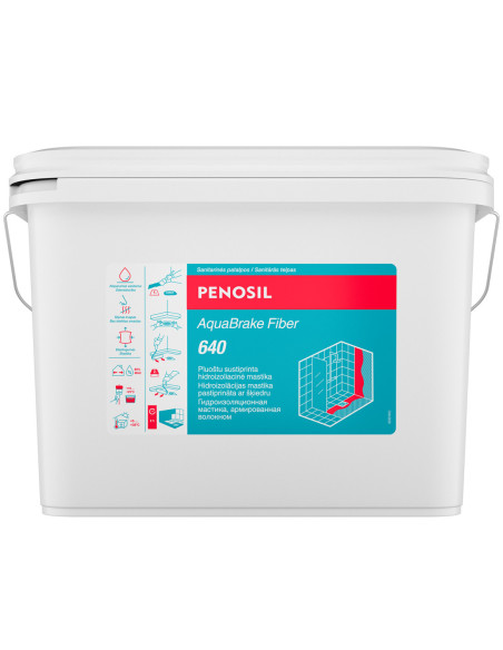 Hidroizoliacinė mastika su fibra Penosil AquaBrake Fiber 640. Elastinga, sustiprinta mikropluoštu, skirta drėgnoms patalpoms. Ga