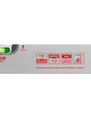SOLA AV aliuminio gulsčiukas | Tikslumas 0.5 mm/m | FOCUS akutė. Statybinės medžiagos